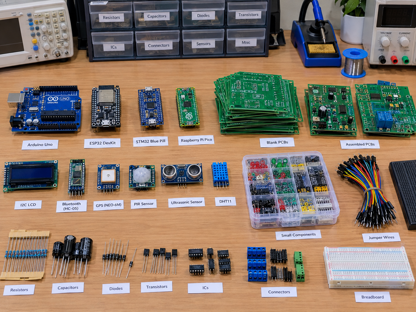 Microcontroller and PCB components in the lab